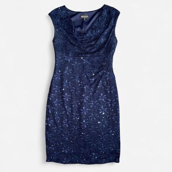Navy Lace and Sequin Sheath Dress with Cowl Neckline - Picture 1 of 8